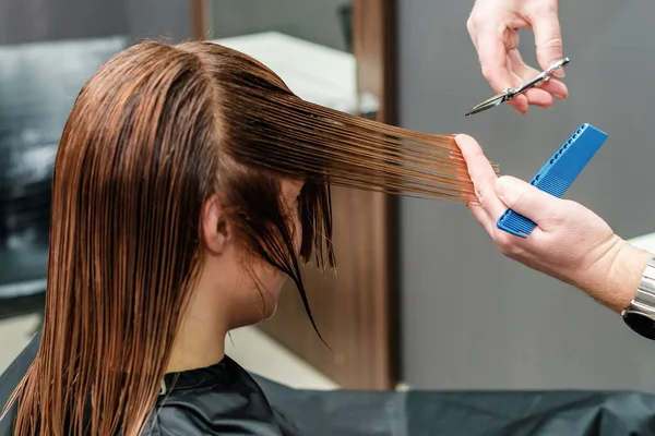 Mains Coiffeur Couper Les Cheveux Longs Femme Dans Salon Beauté — Photo