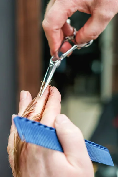 プロの美容師の手はブロンドの髪の指のロックの間に保持し 髪の先端を閉じる 短い髪型 女性のスタイリストをカット — ストック写真