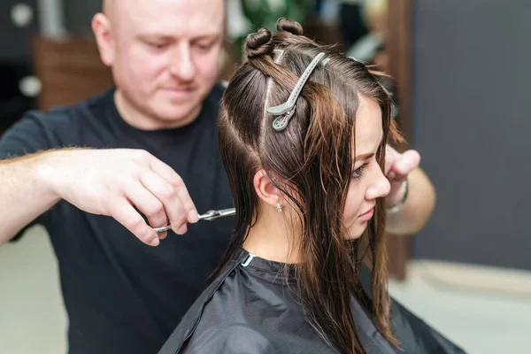 Professioneller Friseur Schneidet Braune Haare Einer Frau Schönheitssalon — Stockfoto