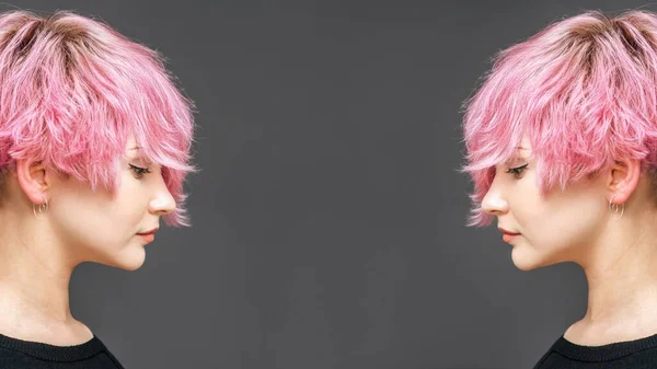 目を閉じたピンク色の髪の白い女の子のスタジオショット 構成し 両側から素敵な髪型スタンド コンセプトコピースペース — ストック写真
