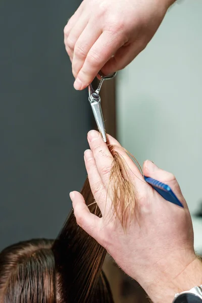Güzellik Salonunda Kuaför Kadın Saçı Kesiyor Kapatıyoruz — Stok fotoğraf