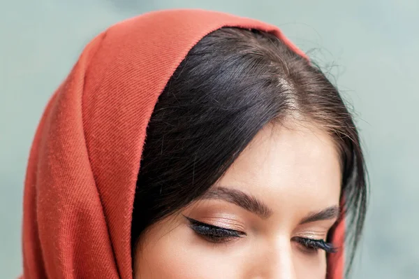 Young beautiful woman with closed eyes, closed eyes lashes, closeup.