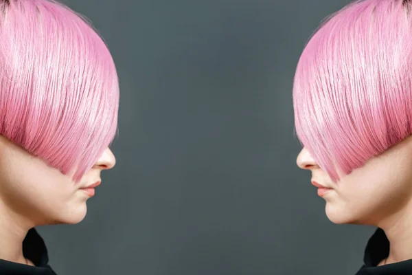 Młoda Dziewczyna Ładną Krótką Różową Fryzurę Makijaż Ładne Włosy Stoi — Zdjęcie stockowe