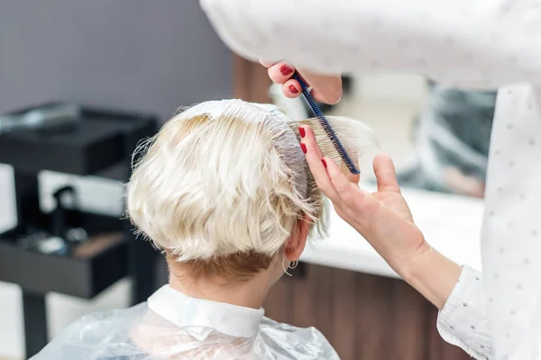 Fryzjer Stosuje Biały Barwnik Włosy Kobiety Salonie Piękności — Zdjęcie stockowe