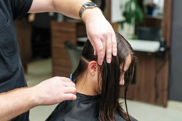 Fryzjer Grzebie Mokre Włosy Kobiety Salonie Fryzjerskim — Zdjęcie stockowe