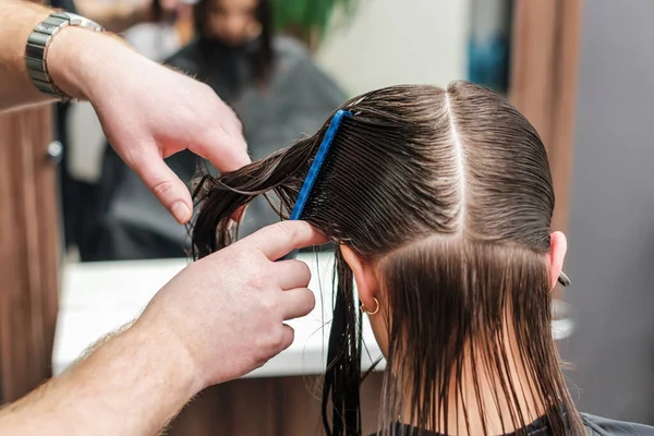 Крупним Планом Вид Ззаду Перукар Розчісує Вологе Волосся Жінки — стокове фото