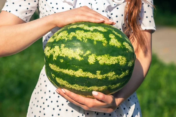 Melancia Inteira Fechar Mãos Jovem Mulher Fundo Natureza Verde — Fotografia de Stock