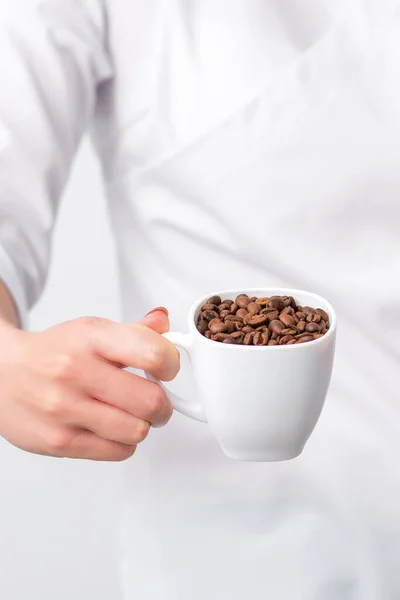 Cup Coffee Beans Female Hand Doctor White Background Close — Stock Photo, Image