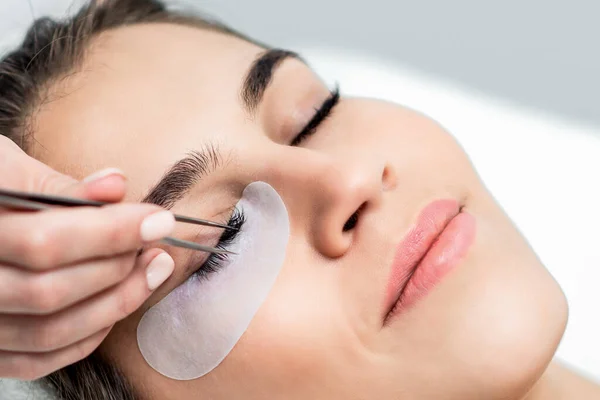 Close Face Woman Receiving Eyelash Extension Procedure — Stock Photo, Image