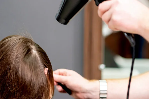 Close Van Professionele Kapper Het Drogen Van Haar Van Vrouw — Stockfoto