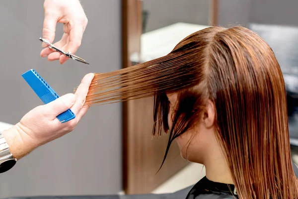 Coiffeur Mains Couper Les Cheveux Longs Femme Dans Salon Beauté — Photo