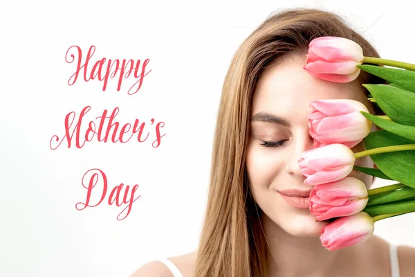 Happy Mother Day Pink Text Sign Portrait Young Woman Pink — стоковое фото