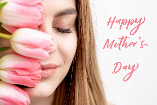 Happy Mother Day Pink Text Beautiful Young Woman Pink Tulips — Stock Photo, Image