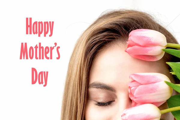 Happy Mother Day Pink Text Half Face Young Woman Spring — стоковое фото