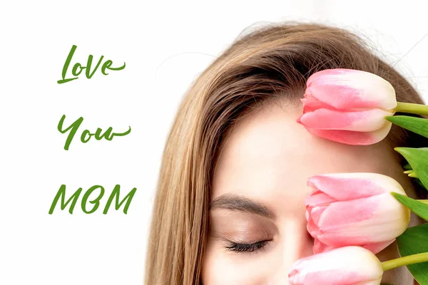 Love You Mom Green Text Half Face Beautiful Woman Spring — Stock Photo, Image