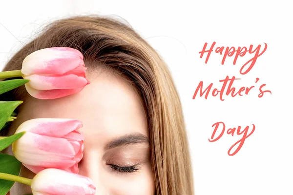 Happy Mother Day Pink Text Half Face Young Woman Spring — стоковое фото