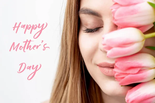 Happy Mother Day Pink Text Beautiful Young Woman Pink Tulips — стоковое фото