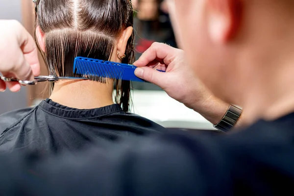 Achteraanzicht Kapper Het Knippen Van Vrouwen Haar Kapsalon — Stockfoto