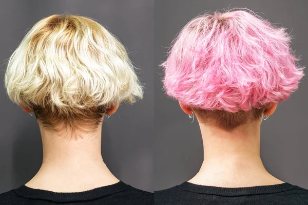 Woman before and after dyeing hair in pink color.