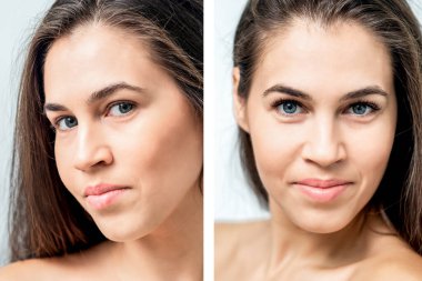 Kirpik uzatılmasından önce ve sonra gözlerine kıyasla kadın portresi.