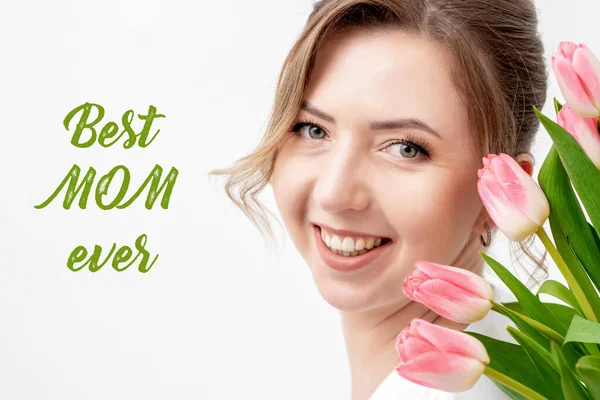 Portrait Beautiful Smiling Woman Pink Tulips White Background Text Best — Stock Photo, Image