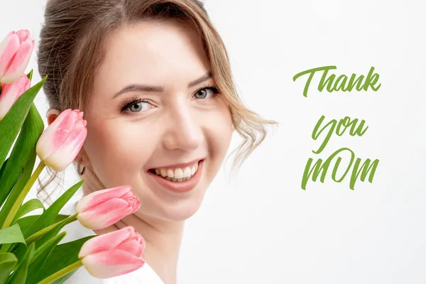 Smiling Young Woman Pink Tulips White Background Text Thank You — Stock Photo, Image