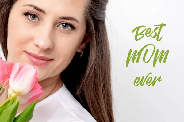 Portrait Young Woman Pink Tulips White Background Text Best Mom — Stock Photo, Image