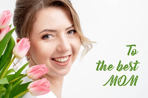 Happy Mother Day Portrait Beautiful Woman Pink Tulips White Background — Stock Photo, Image