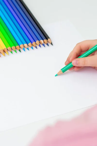 Desenho Mão Criança Por Lápis Cor Papel Branco Com Lápis — Fotografia de Stock