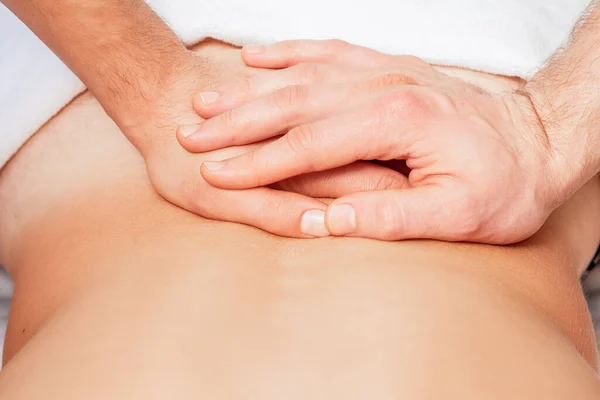 Close Hands Massage Therapist Doing Back Massage Back Young Man Stock Picture