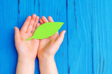 Ahşap mavi arka plandaki çocuğun elindeki yeşil kağıt yaprağını kapat. Çevre koruma kavramı. Üst görünüm.