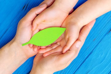 Erkek ve çocuk ellerinin tahta mavi arka planda kağıt yeşil yaprak tutuşu. Aile ve Dünya Günü kavramı. Kapat..