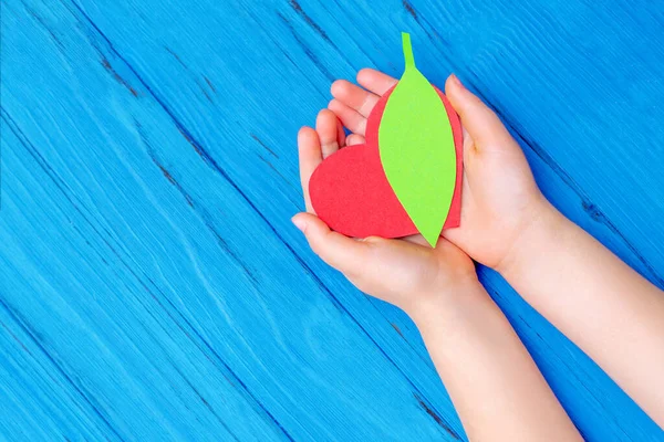 Vue Dessus Des Mains Enfant Tenant Feuille Verte Avec Coeur — Photo