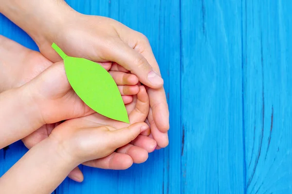 Top view of green paper leaf in hands of adult and child on wooden blue background. Concept of world environment day, world health day and Earth day. Copy space.