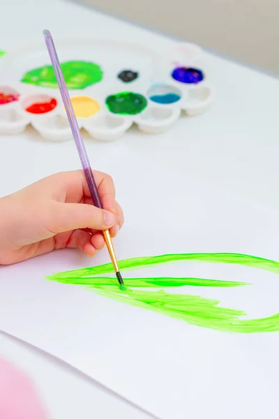 Mano Del Niño Dibujando Hoja Verde Por Las Acuarelas Sobre —  Fotos de Stock