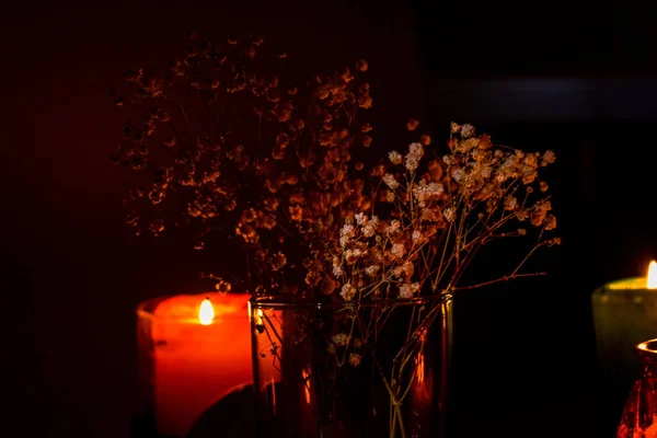 Composition Candles Red Apple White Flowers Black Background — Stock Photo, Image