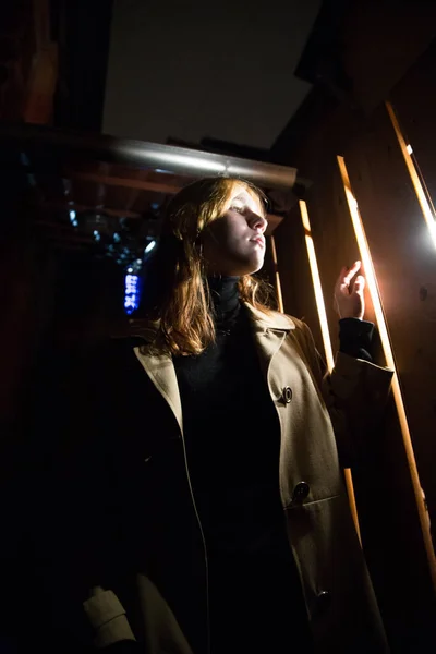 A lady at night looking through a fence