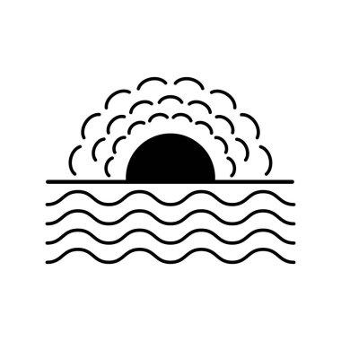 Deniz dalgalı güneş. Vektör illüstrasyonu güneşli gün batımı ve şafak