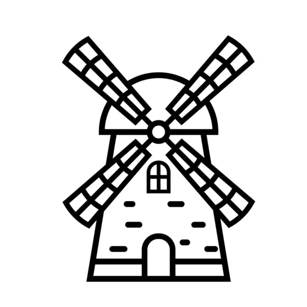 Линейный Значок Мельницы Черно Белая Векторная Иллюстрация Мельницы — стоковый вектор