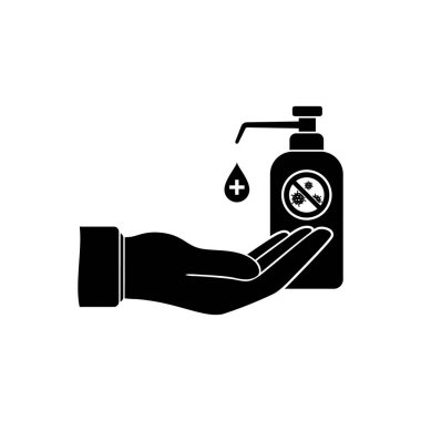 El dezenfeksiyonu ikonu. Bakteri ve virüslerin kirli ellerini yıka ve temizle. Bir şişe antiseptik ve dezenfektan..