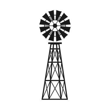 Windmill icon. Black and white vector illustration wind pump. Wind turbine with blades. clipart