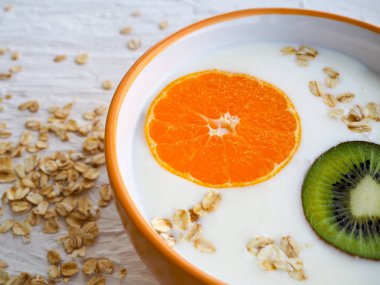 Lor, müsli, portakal, bir fincan, metin, sağlıklı gıda, Kahvaltı için yer ile krem