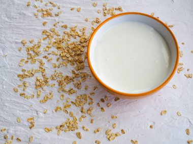 Lor, müsli, bir fincan, metin, sağlıklı gıda, Kahvaltı için yer krem