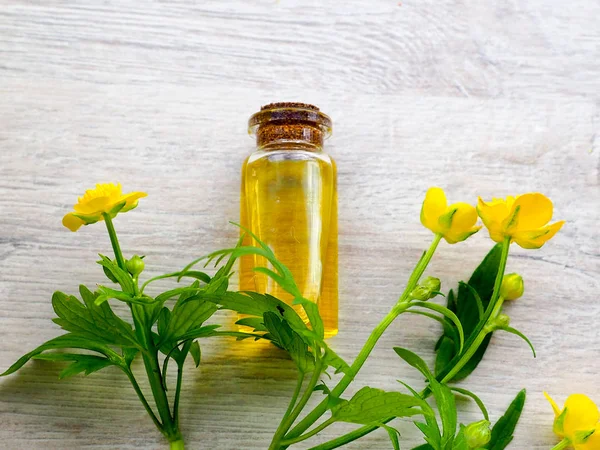 Bottle Essential Oil Fresh Herbal Sage Setup Flat Lay Blue — Stock Photo, Image