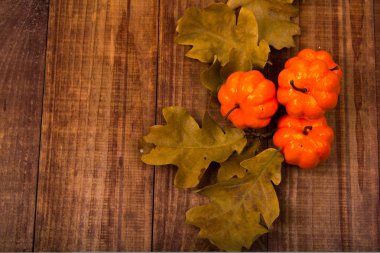 Bir yakın kadar birkaç küçük kabak dizilmiş üst üste orta kahverengi arka plan kopya alanı ile rustik eski ahşap kurullarında