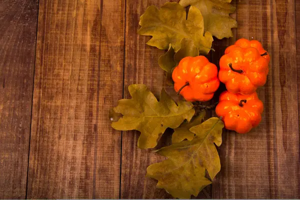Bir yakın kadar birkaç küçük kabak dizilmiş üst üste orta kahverengi arka plan kopya alanı ile rustik eski ahşap kurullarında