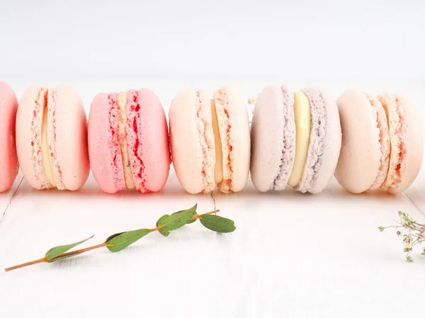 Colorful macaroons, Colorful french dessert, traditional french colorful macarons in a rows in a box