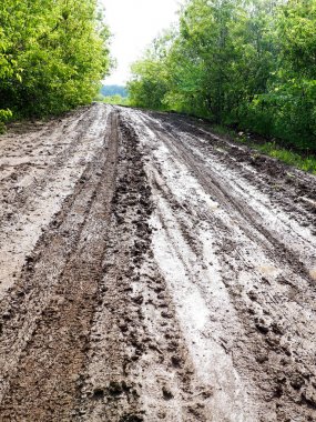 Islak çamurlu ülke road, köy yolunda tekerlek izleri ve su birikintileri