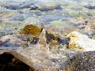 Kayalık sahil, denize karşı çarpan dalgalardan sıçramalarına olan lacivert beyaz sprey ile