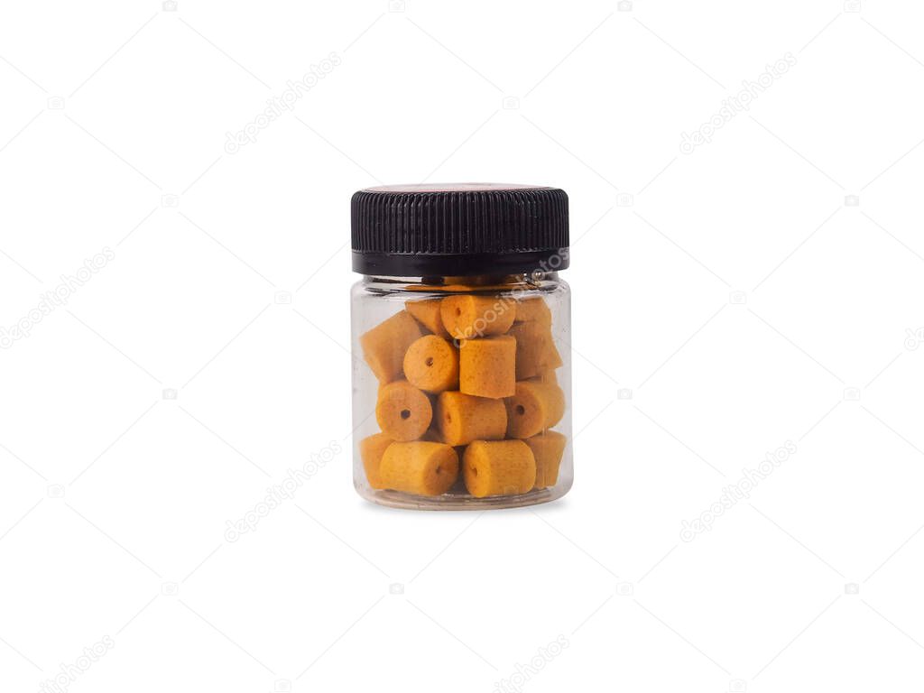 jar with black lid with colorful granules inside, quick snack concept, alternative to food, new kind of food, freeze-dried batochniki, eco-friendly products